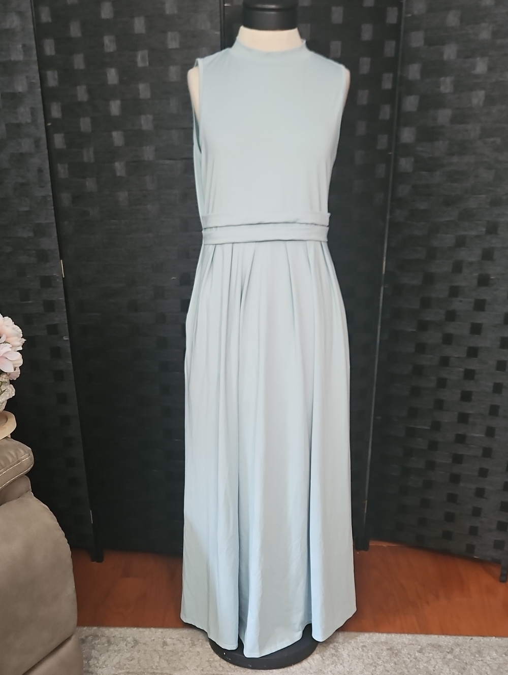 HALARA Stand Collar Sleeveless Flare Maxi Dress in Light Blue Size Large